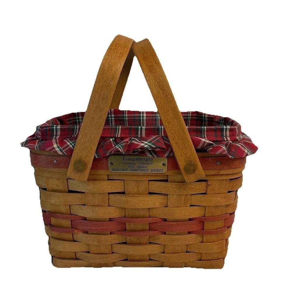 Longaberger VTG 1992 Season's Greetings Basket Set Lined Red Plaid Tidings Deep